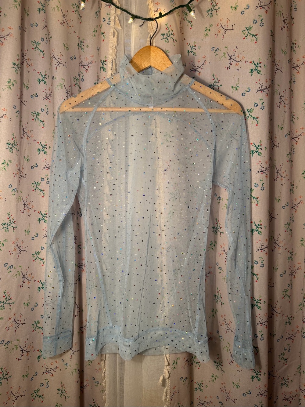 Sheer High-Neck Long-Sleeve Top in Light Blue with Sparkle
